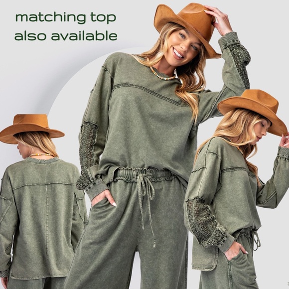 EASEL Lace Detailed Terry Knit Cotton Mineral Washed Wide Leg Drawstring Pockets - Picture 15 of 16